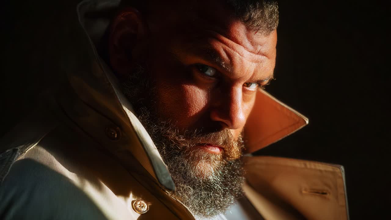 A Captivating Portrait Capturing the Intense Gaze of a Rugged Individual with a Strong Facial Expression, Illuminated by Soft Light, Showcasing Depth and Emotion in Every Detail