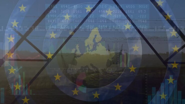 Animazione dell'Europa e di cerchi della bandiera dell'UE su elaborazione dati