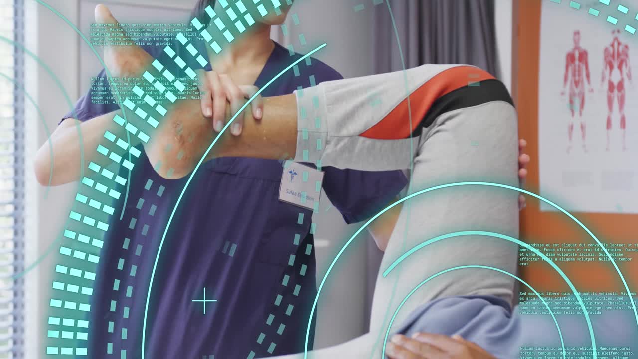 다양한 여성 물리치료사와 남성 환자의 다리에 대한 데이터 처리 링의 애니메이션