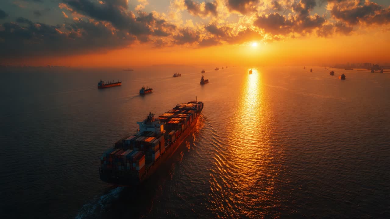 A Majestic Container Ship Navigates Through a Scenic Seascape at Sunset, Surrounded by Other Vessels and Reflecting the Golden Hues of Twilight