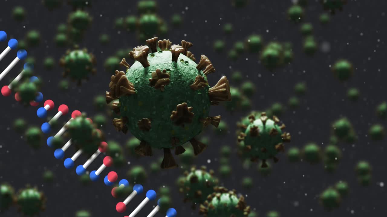 animación de la cadena de adn girando sobre las células de covid 19 que caen en un fondo oscuro