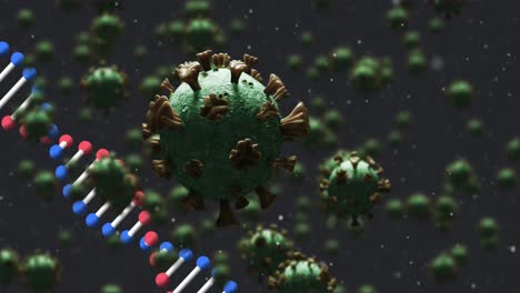 animation of dna strand spinning over covid 19 cells falling on dark background