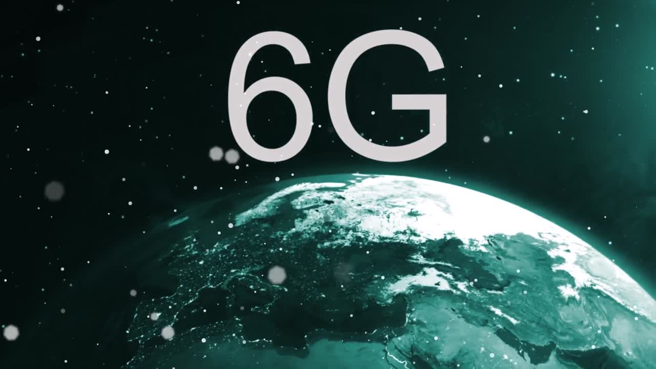 Animation of white dots and 6g over globe rotating in space