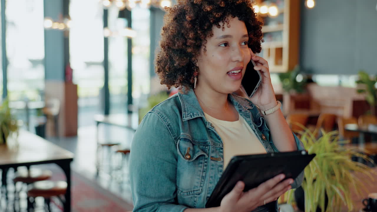 Phone call, tablet and woman cafe owner