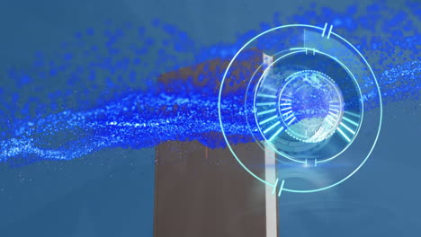 animación de rastros de luz azul, almacenamiento de datos por computadora y escaneo de alcance sobre fondo azul