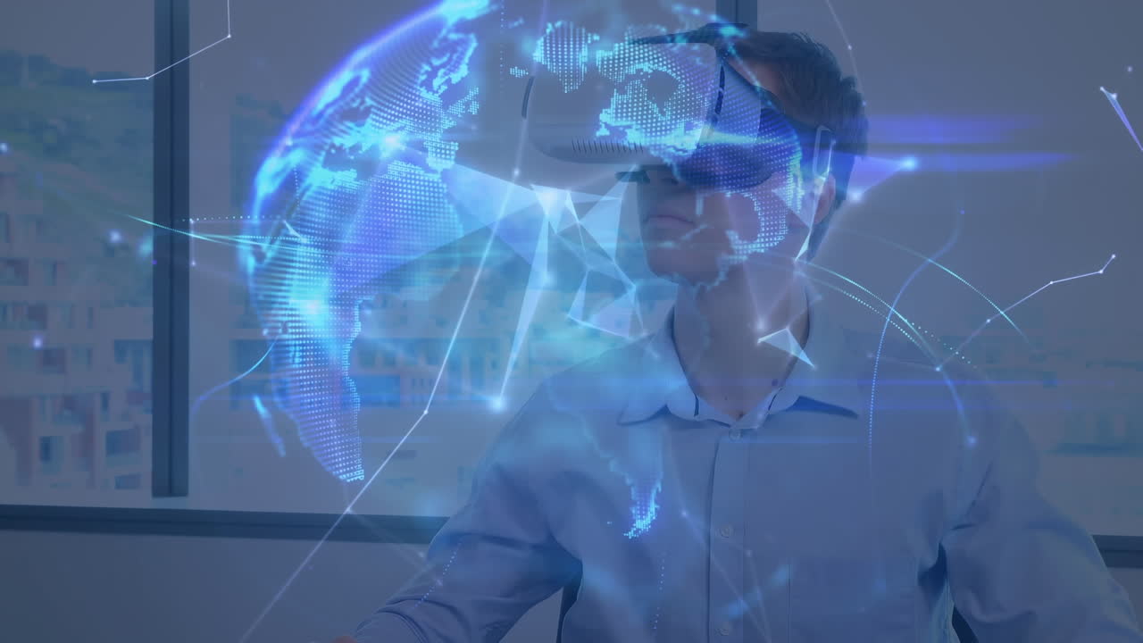 Businessman wearing a virtual reality headset in the office