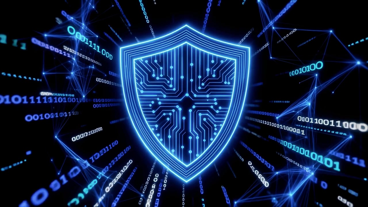 Digital Cybersecurity Shield with Circuit Board and Binary Code Animation