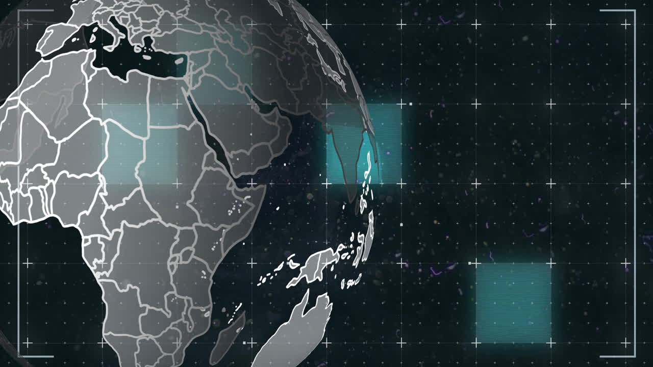 Animation of globe over shapes on black background