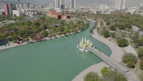 Aerial-shot-of-the-manmade-Paseo-Santa-Lucia,-in-Monterrey,-Nuevo-Leon,-Mexico