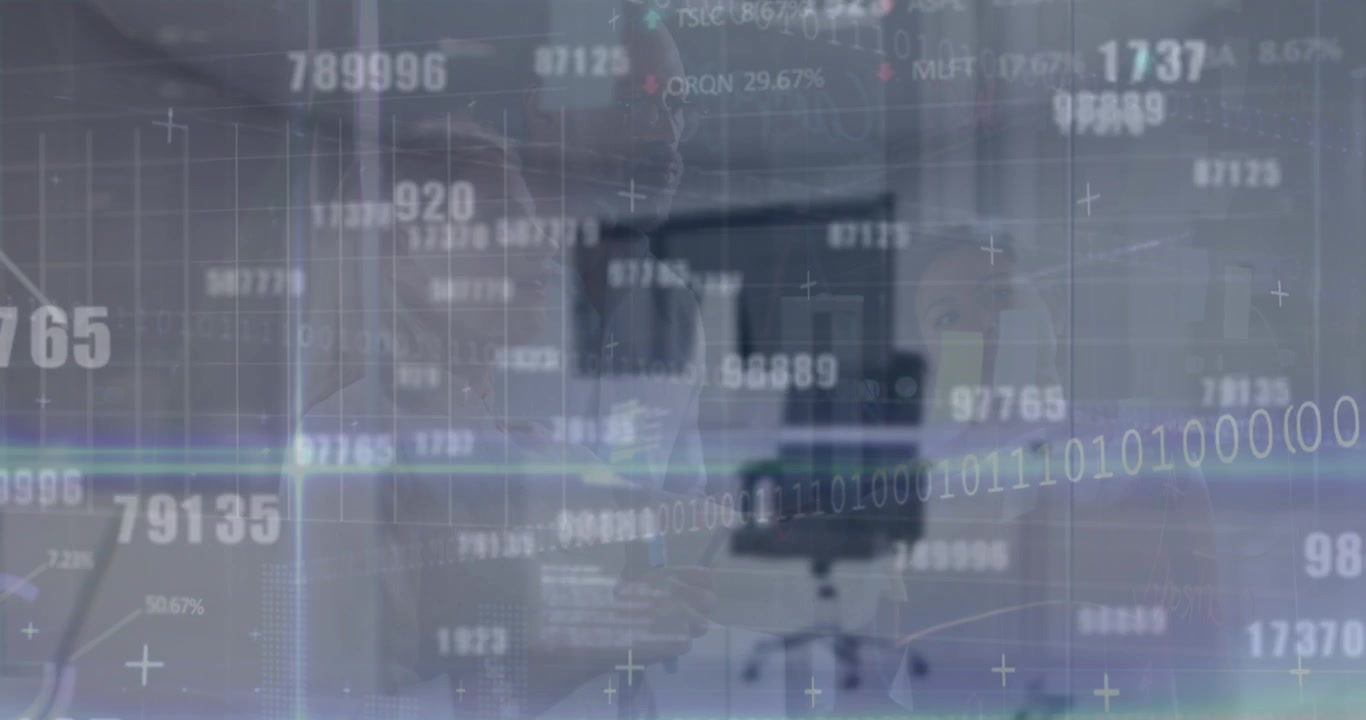 Animation of financial data processing over business people