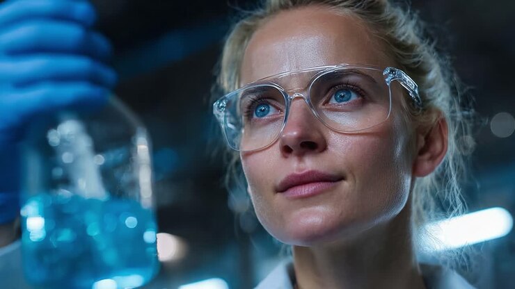 Um cientista concentrado examinando um frasco cheio de um líquido azul vibrante, demonstrando dedicação e precisão em um ambiente de laboratório, refletindo um momento de curiosidade e descoberta.