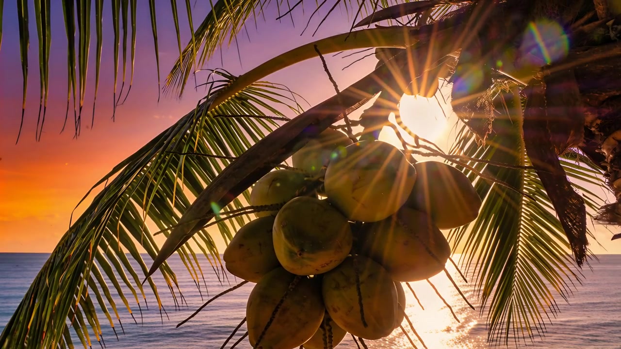 Swaying coconut cluster and palm fronds shifting sunlight over ocean, triggered by sea breeze