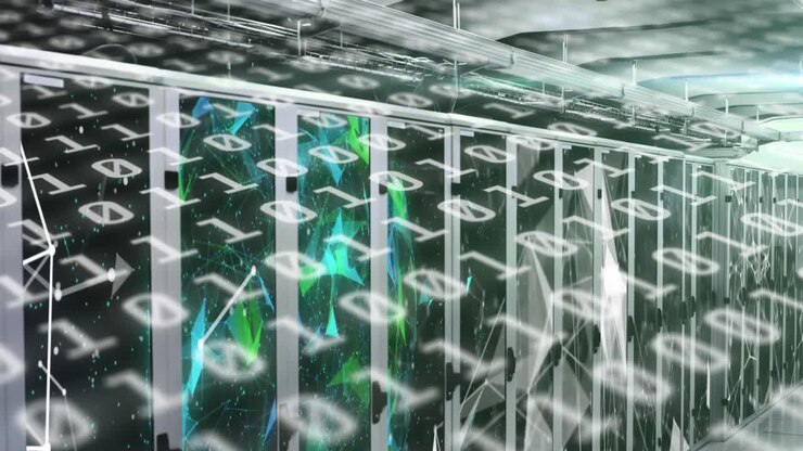 Animation of binary coding over tech room with computer servers