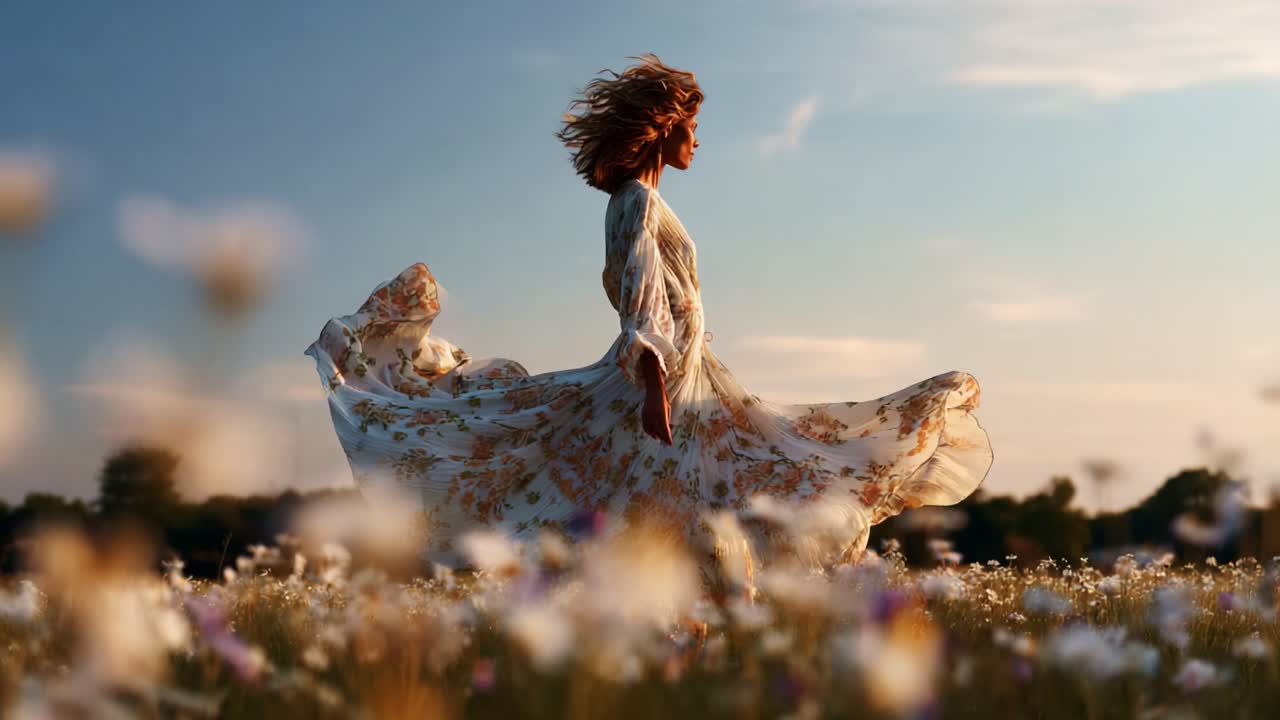 Captivating Moments: A Woman in a Flowing Floral Dress Dancing Gracefully in a Sunlit Field Surrounded by Wildflowers Under a Clear Sky at Dusk