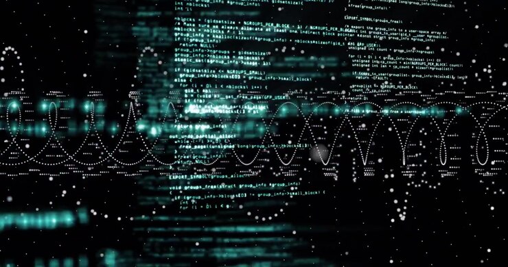 On startup interface sending code blocks scrolling while dotted waveform pulsing to show data flow