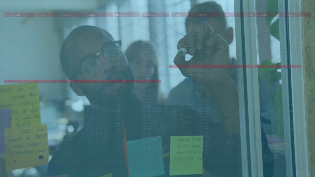 Animation of data processing over diverse business people taking notes