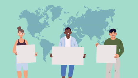 diverse group holding blank posters in front of a world map