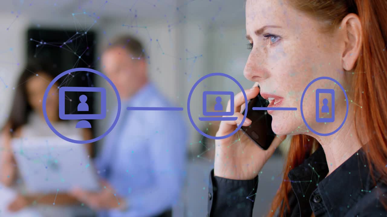 Woman holding phone on call, call initiating animated blue icons linking devices for business
