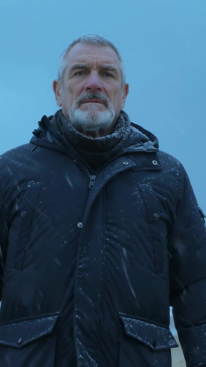 Vertical video: Reacting to snow, senior man shifting jaw and bracing on shoreline, parka gaiter
