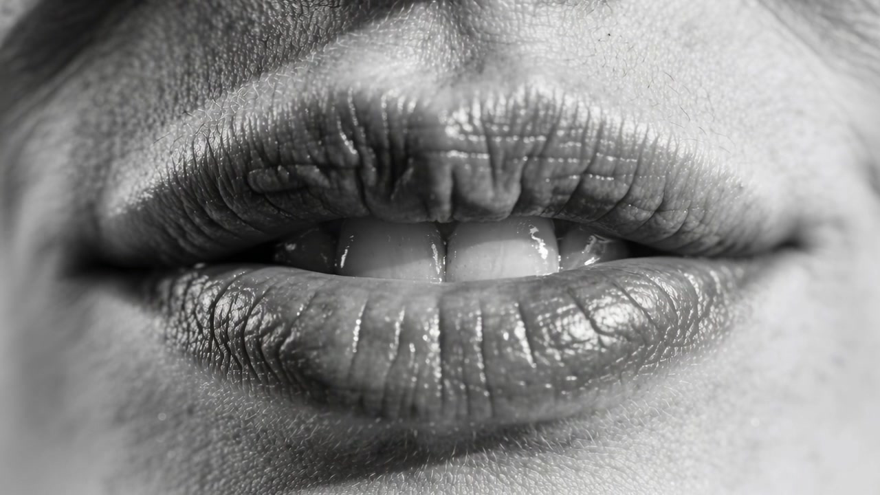Inquadrature che mostrano la bocca che si chiude in un primo piano in studio mentre si prepara un discorso, con denti e linee delle labbra visibili