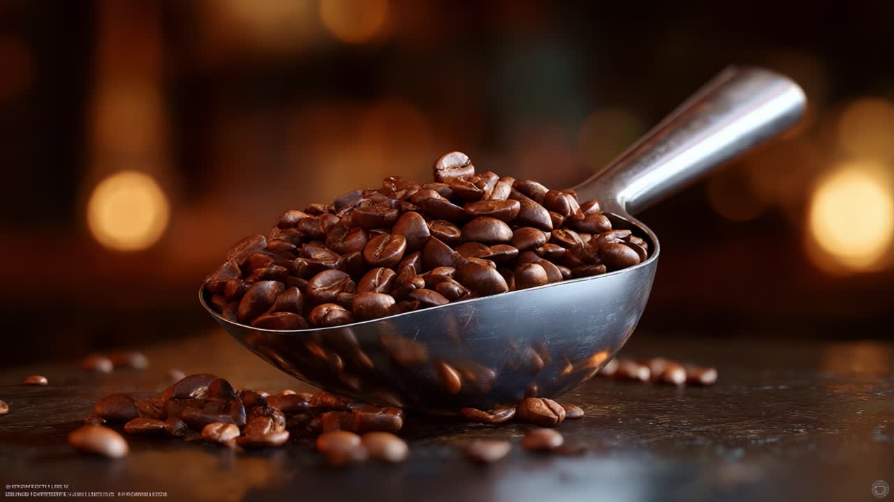 Nærbillede af friskristede kaffebønner i en metalske, der viser blank finish, intens farve og lækker aroma med en sløret baggrund