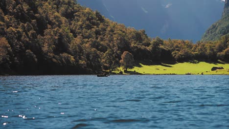 Una-Pareja-En-La-Canoa-Está-Cruzando-El-Fiordo.