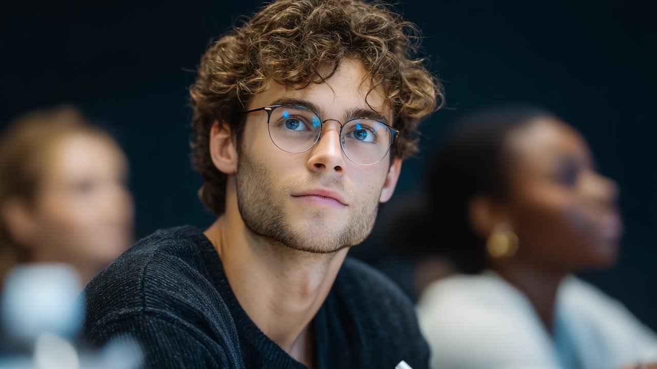 Young man with curly hair and glasses attentively listens during a discussion in a modern setting, showing engagement and curiosity, surrounded by a diverse group in an educational environment