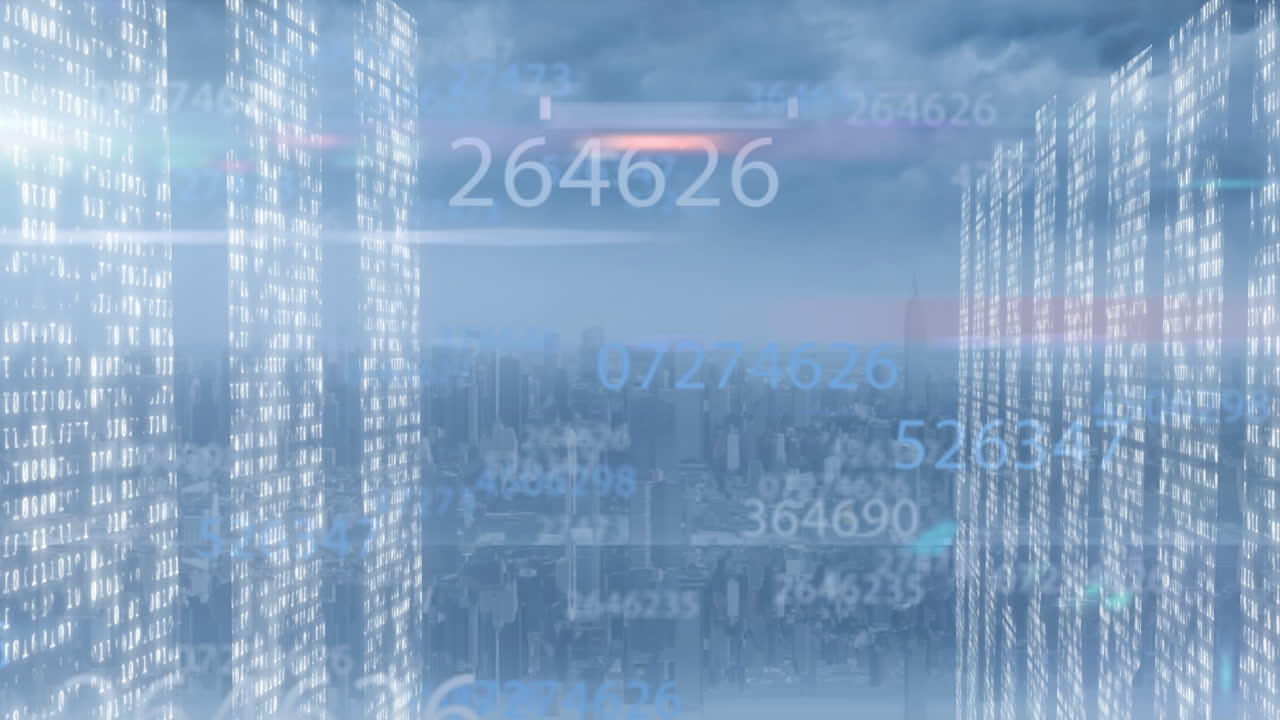Animation of falling numbers and data processing over cityscape
