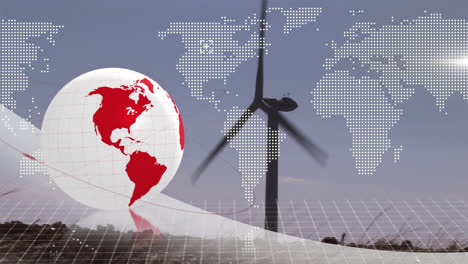 animation of globe and world map data processing over wind turbine