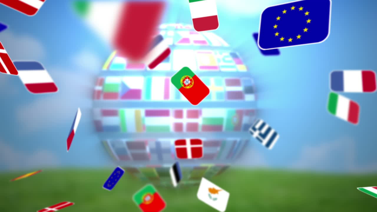 유럽 국가의 국기가 경기장에서 돌고 있습니다.