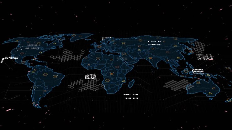 Animation of circuit board pattern over map against dots on black background