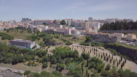 Aerial-drone-shot-of-a-Lisbon-park-in-neighborhood-Casal-Ventoso