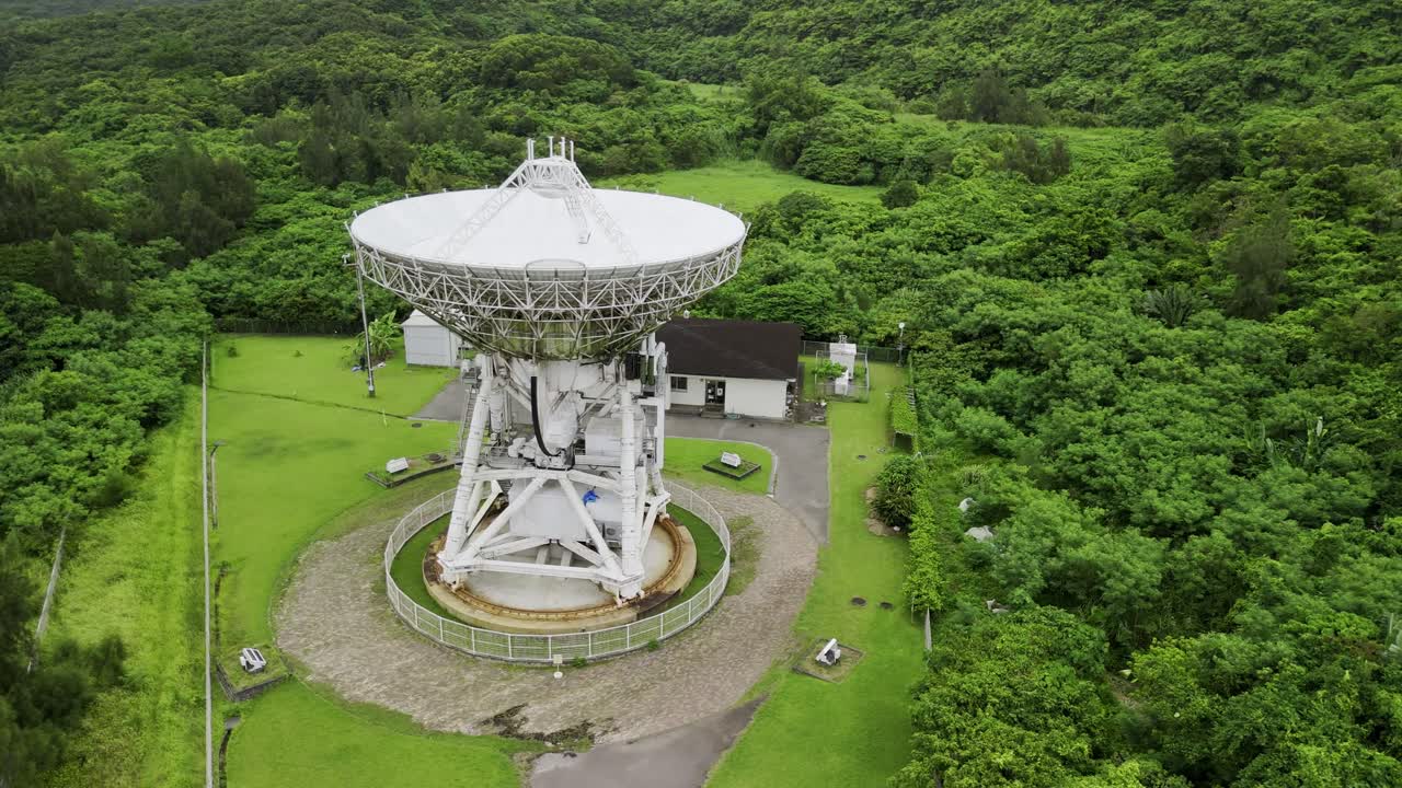 An aerial view of a large radio telescope at a scientific observatory, nestled in a clearing within a dense, lush green forest
