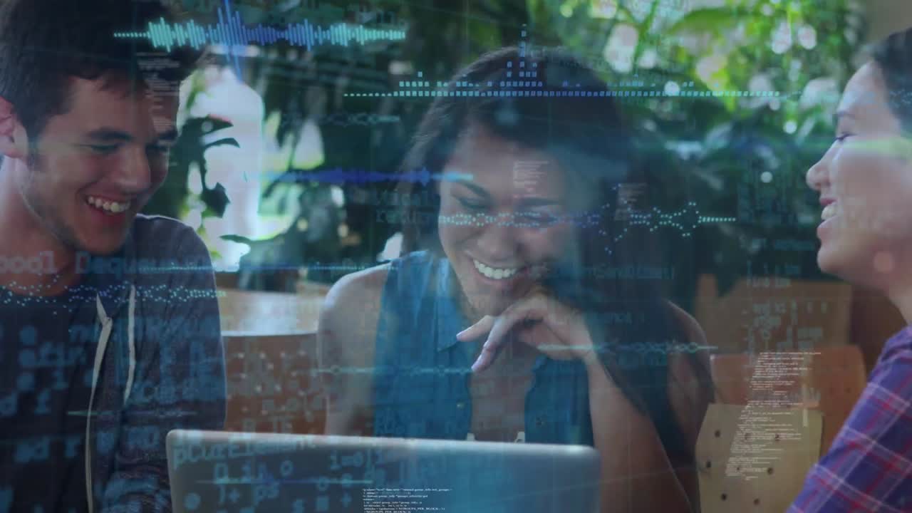 Animation of data and glitch over happy diverse students with laptop