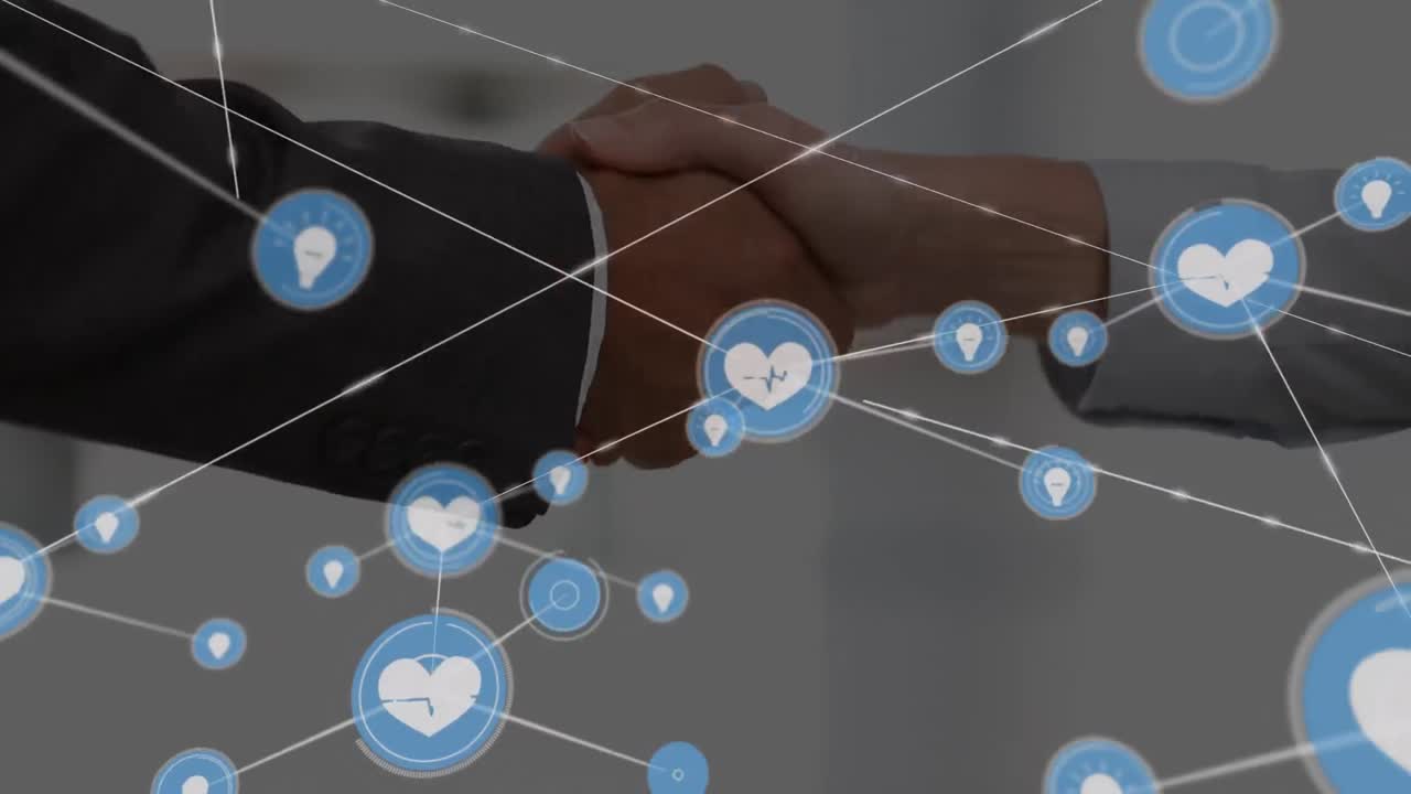 animación de la red de conexiones con iconos sobre el apretón de manos
