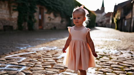 a cute toddler girl walks on a cobblestone street in an old european town