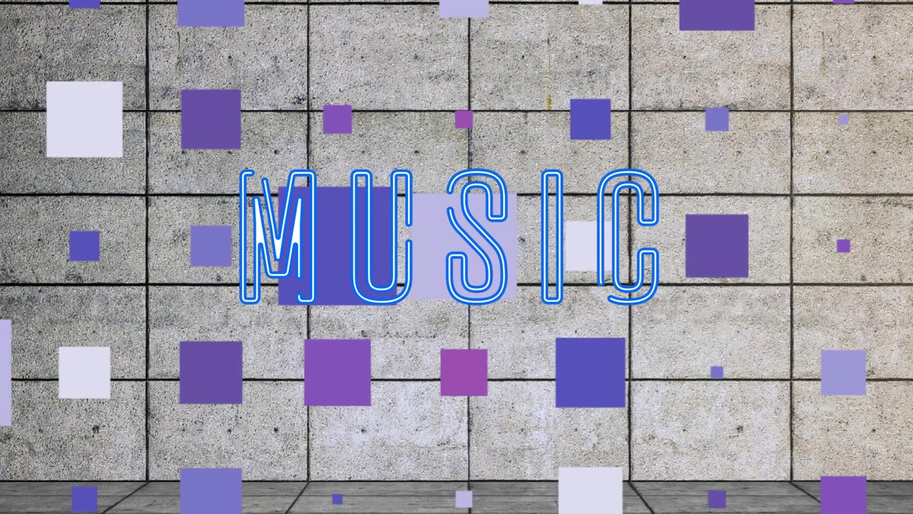 Animazione di testo musicale al neon su una griglia e sfondo grigio.