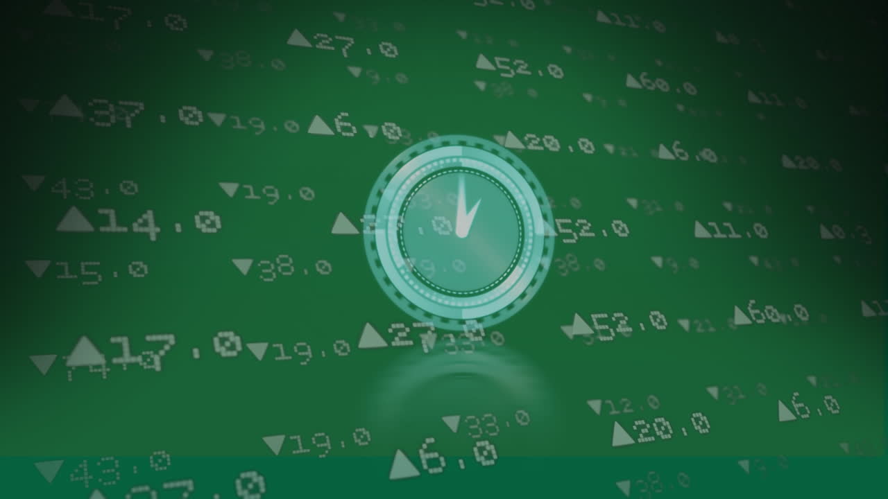 Animation of clock over financial data on green background