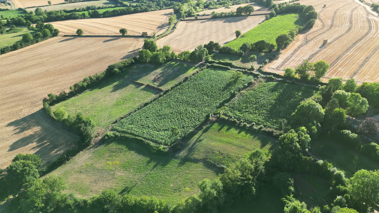 vista aérea lineal hacia adelante de una granja y campos en francia