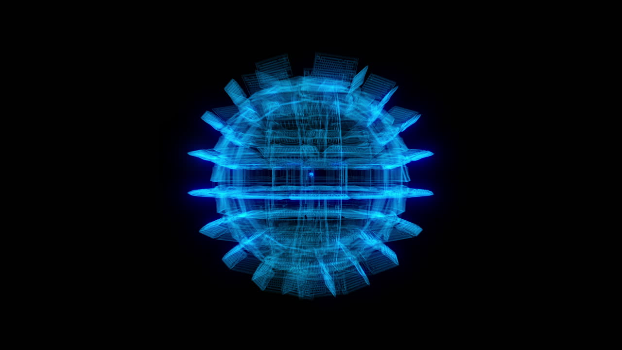 구형 3d 홀로그램 컴퓨터가 상호 교환되고 확장되어 인공지능 뇌를 드러 ⁇ 니다.