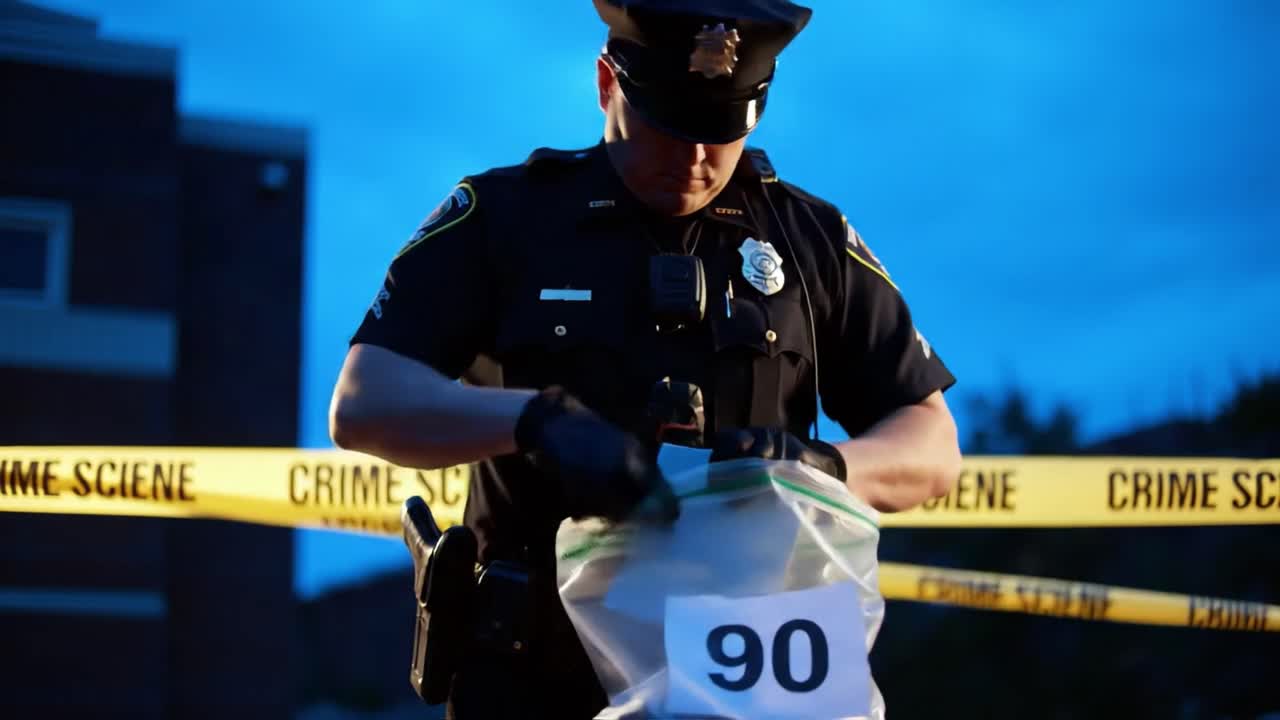 A police officer is seen gathering evidence from a clear bag at a crime scene marked by caution tape. The investigation takes place at night, adding a serious atmosphere to the situation.