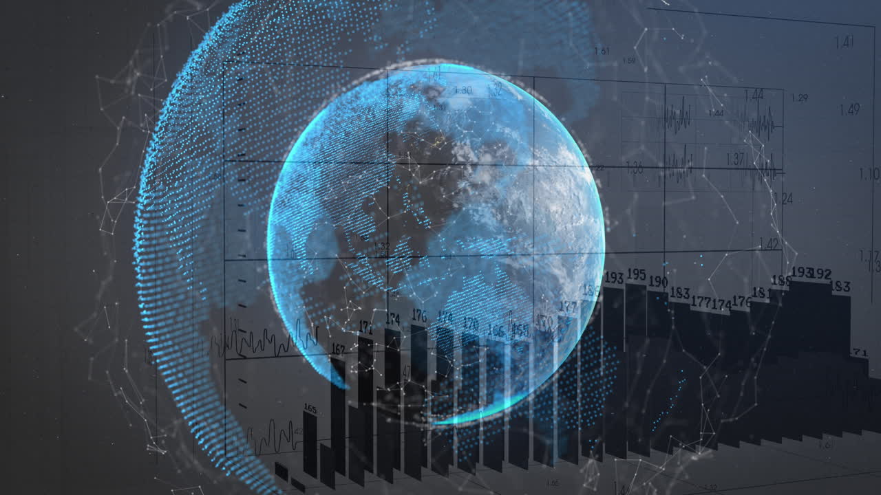Animation of financial data processing over globe on black background