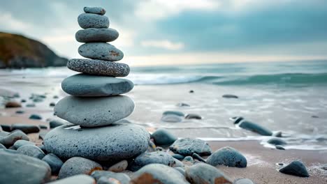 a stack of rocks on a beach next to the ocean