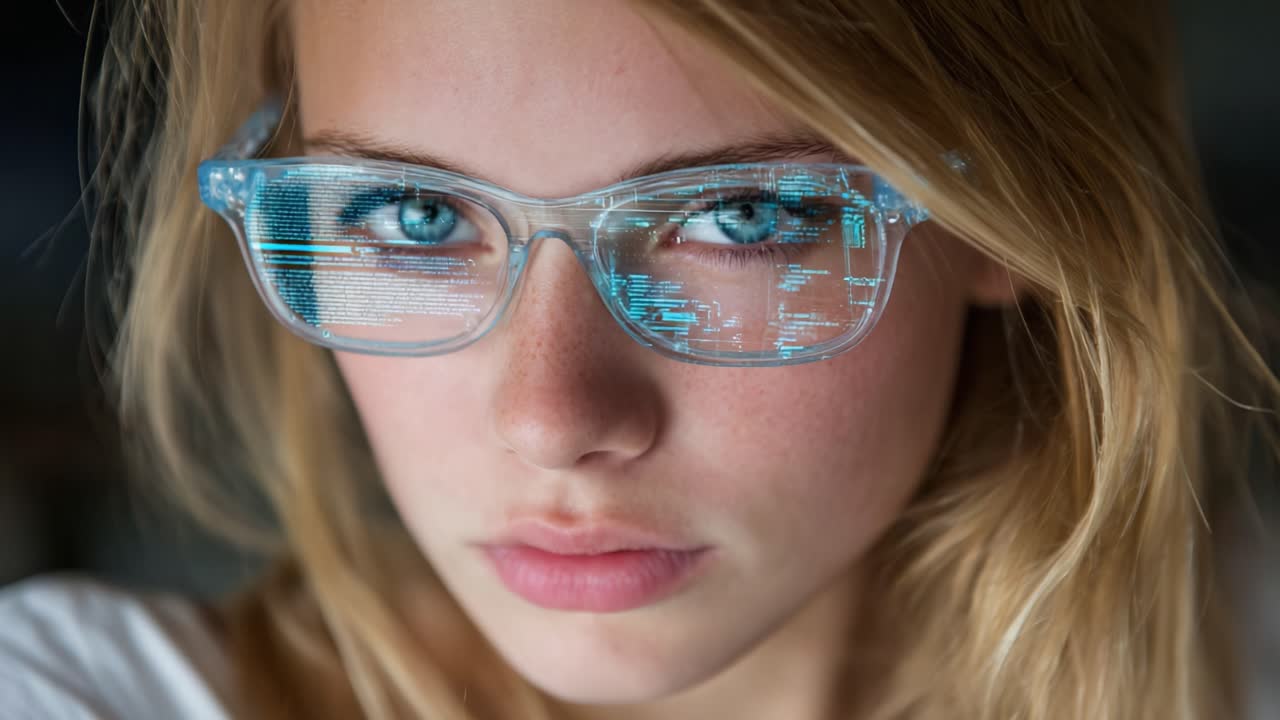 A Close-Up On An Artistic Portrait Featuring A Young Individual Wearing Futuristic Glasses With Unique Reflective Designs Showing Digital Patterns