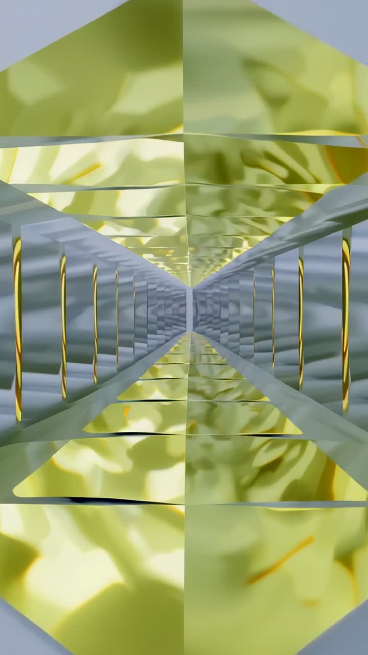 Video verticale: bagliore dorato crescente che inonda un tunnel a specchio fino al punto di fuga, rivelando aste contorte