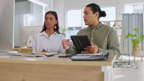 Team-work,-speaking-or-business-people-with-tablet