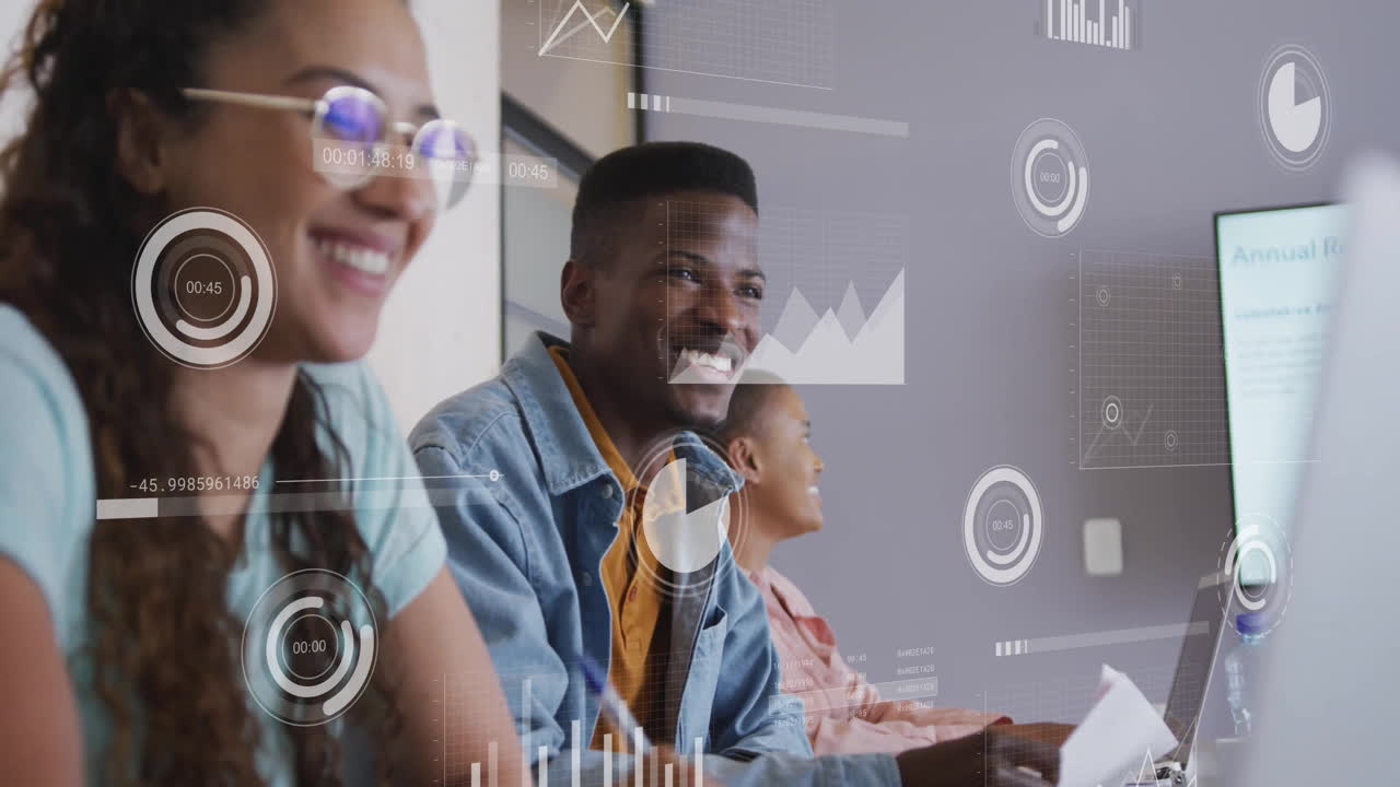 Animation of financial data processing over diverse business people in office