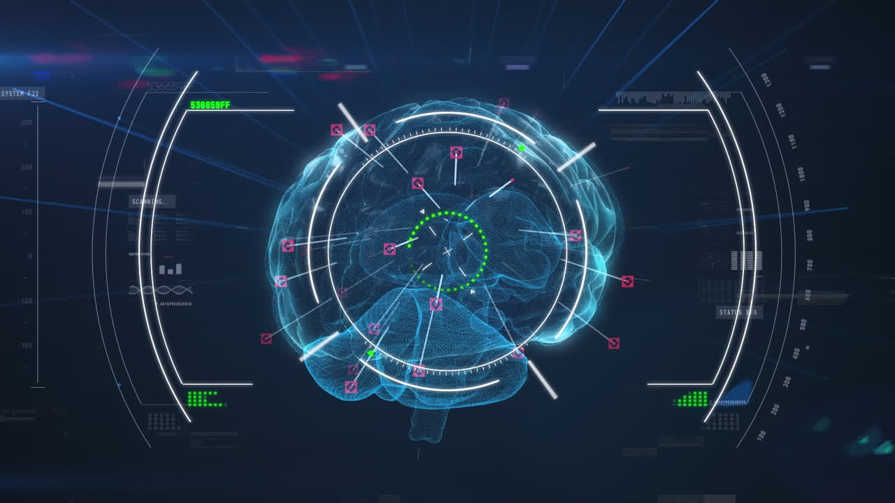 Animation of scope scanning and data processing over digital brain
