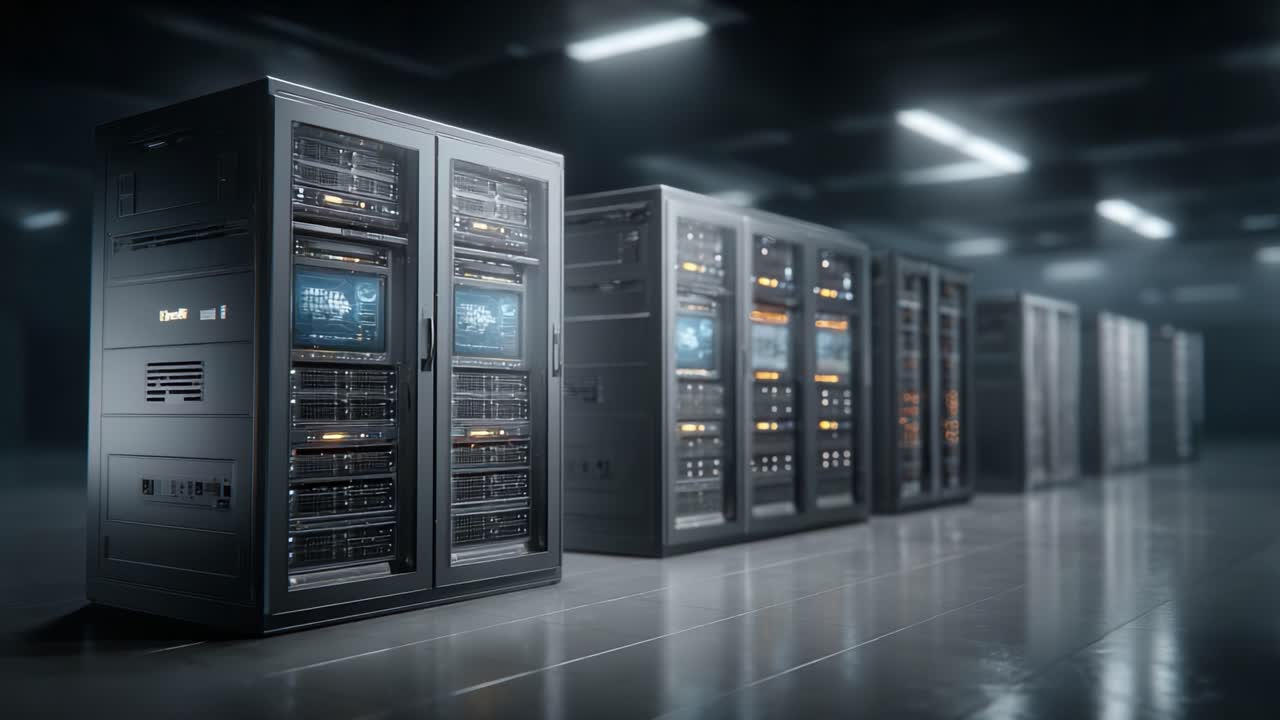 Advanced Data Center Technology: A Modern Array of High-Performance Servers in a Cutting-Edge Server Room with Enhanced Connectivity and Efficiency