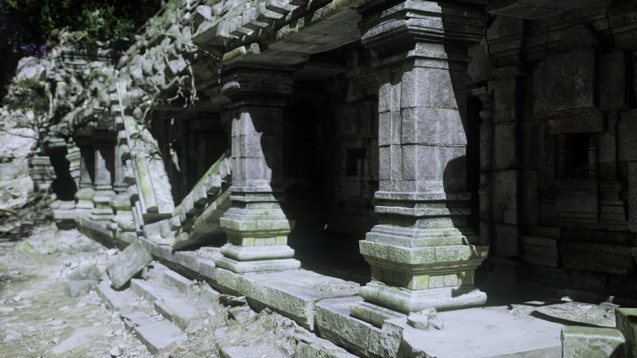 Eroded stone arches illuminated softly in quiet abandoned site